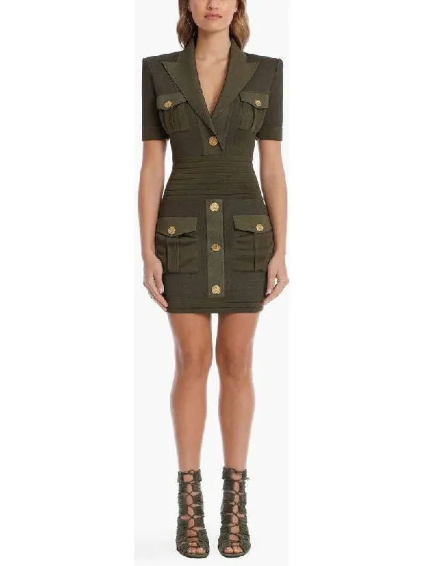 Military Pocket Mini Dress with Gold-Tone Buttons Elegant Sequin Mini Dress