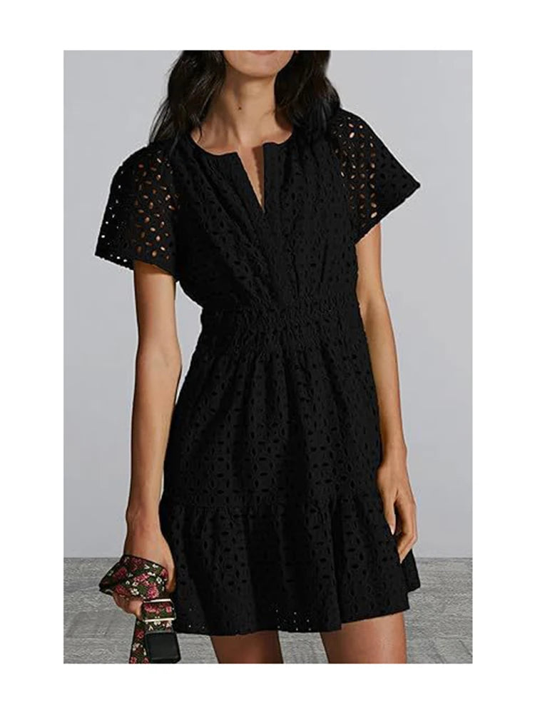 Mini Dress Embroidery Lace Frock Short-sleeved Pleated Office Dress A-Line Solid Hollow Out Skirt Elegant V-Neck Frock Summer Comfortable Smocked Mini Dress Mini Dress Embroidery Lace Frock Short-sleeved Pleated Office Dress A-Line Solid Hollow Out Skirt Elegant V-Neck Frock Summer Comfortable Smocked Mini Dress