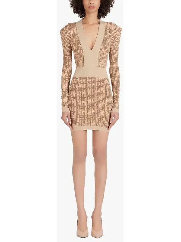 Monogram Knit Mini Dress Stylish Puff Sleeve Mini Dress