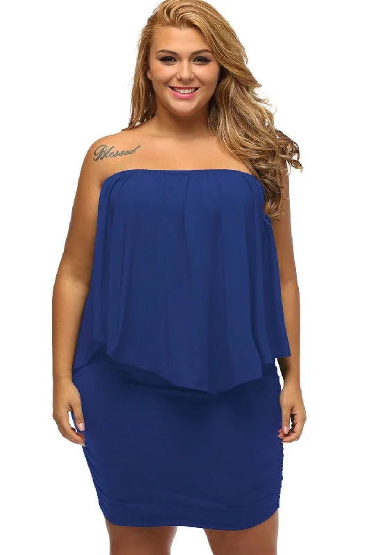 Multi-way Layered Ruffle Blue Plus Size Mini Dress Fashionable Mini Dress with Pockets