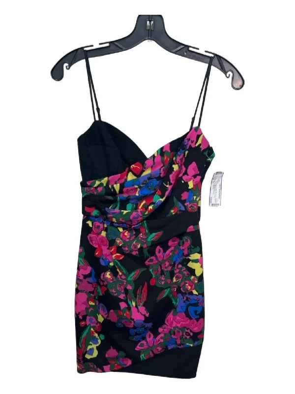 Noam Hanoch Size 0 Black & Multi Silk Floral Spaghetti Strap Gathered Mini Dress Fashionable Button-Front Mini Dress