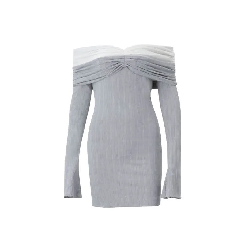 Off shoulder long sleeve ruched textured mini dress Casual Mini Dress with Pockets