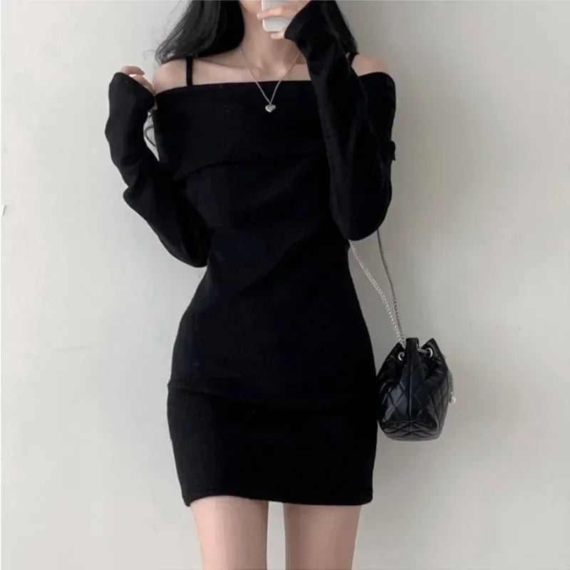 Off Shoulder Suspender Lapel Knit Dress Women Korean Sexy Slim Bottomed Mini Dresses Autumn Winter Solid Suspender Sweater Dress Trendy Button-Detail Mini Dress Off Shoulder Suspender Lapel Knit Dress Women Korean Sexy Slim Bottomed Mini Dresses Autumn Winter Solid Suspender Sweater Dress Trendy Button-Detail Mini Dress