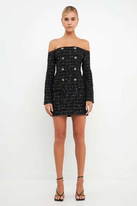 Off-The-Shoulder Tweed Mini Dress Elegant Silk Mini Dress