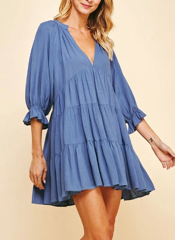 PINCH Deep V-Neck Tiered Mini Dress Trendy Denim Mini Dress