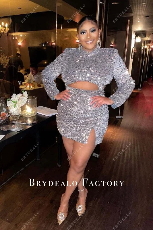 Plus Size Silver Sequined Long Sleeves Mini Dress Fashionable Button-Front Mini Dress Plus Size Silver Sequined Long Sleeves Mini Dress Fashionable Button-Front Mini Dress