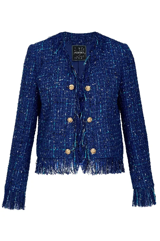 Popski Relaxed Blue Boucle Jacket Print Jacket Jacquard Jacket Patchwork Jacket