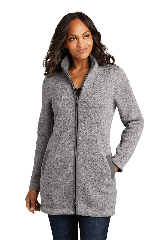 Port Authority Womens Arc Pill Resistant Sweater Fleece Full Zip Long Jacket - Heather Deep Smoke Grey - New Collared Jacket Crew Neck Jacket Turtle Neck Jacket