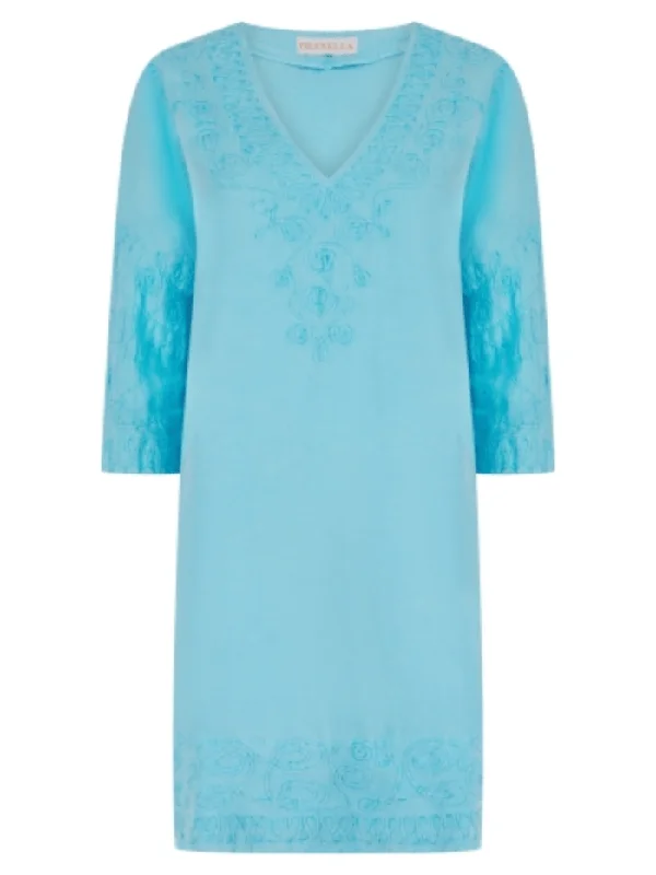 Pranella URSULA Neon Blue Embroidered Mini Dress Fashionable Boho-Chic Mini Dress