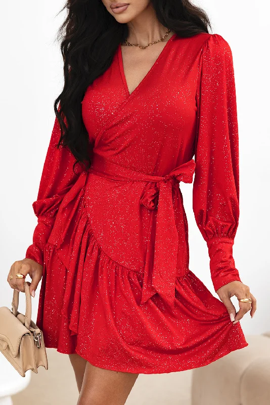 Blue Zone Planet |  Racing Red Tinsel Buttoned Bishop Sleeve Surplice Neck Ruffled Mini Dress Elegant Off-Shoulder Dress Mini