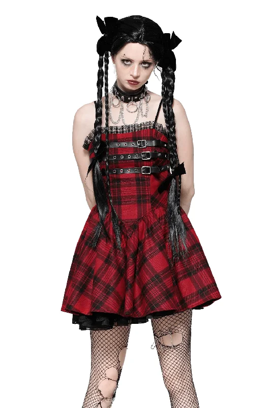 Red Plaid Gothic Mini Dress with Buckle Details Fashionable Lace-Trim Mini Dress