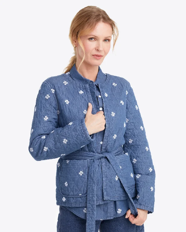 Reversible Belted Jacket in Embroidered Chambray Chenille Fabric Brocade Fabric Lace Fabric