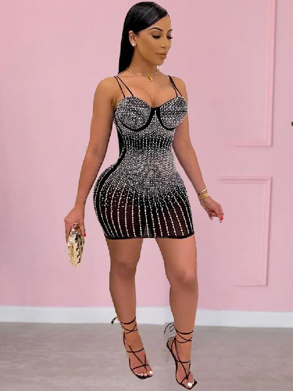 RILEY BLACK MESH RHINESTONE EMBELLISHED MINI DRESS Fashionable Mini Dress with Slits