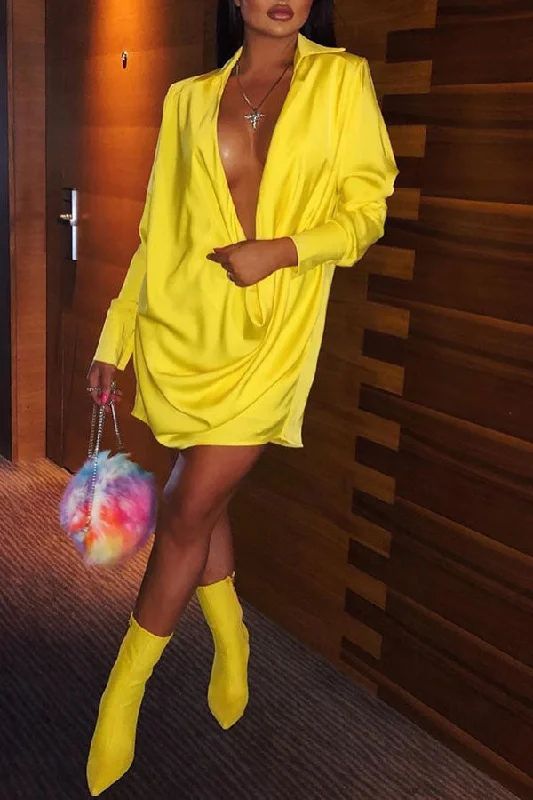 storexq Ruched Solid Color Party Deep V Neck Mini Dress Elegant Vintage Mini Dress