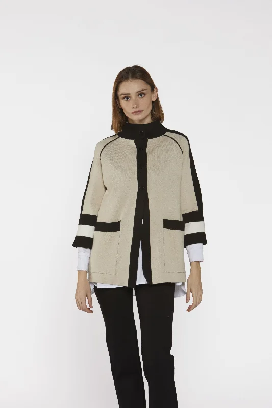 High neck Poncho/Jacket in Stone with black stripe detail. Faux Fur Jacket Real Fur Jacket Shearling Jacket