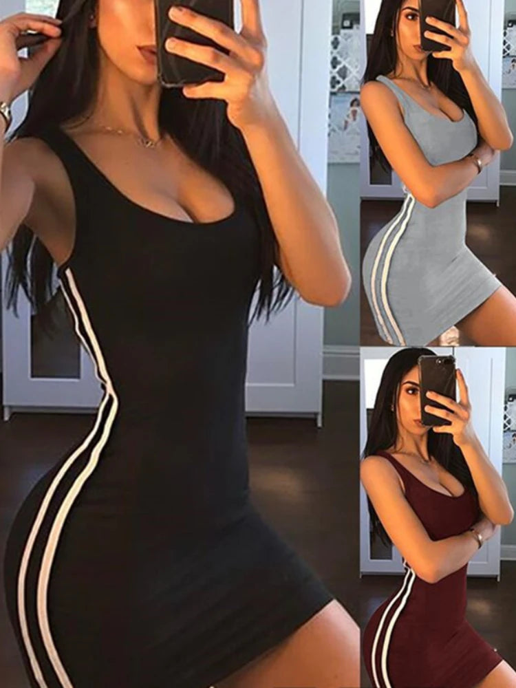 Sexy Wrap Deep U Neck Backless Striped Splicing Bodycon Dress Women Solid Color Sleeveless Slim Mini Dress Club Party Vestidos Comfortable Off-Shoulder Mini Dress