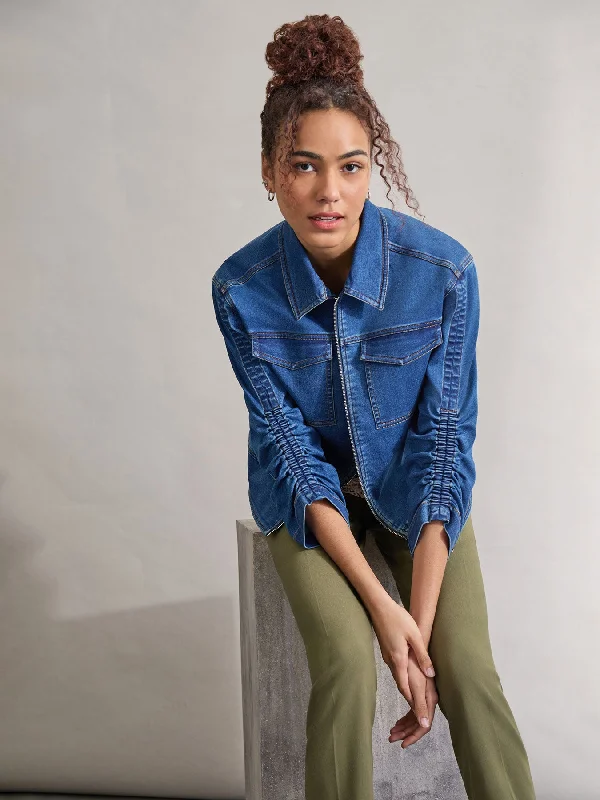 Shirred Sleeve City Denim Jacket, Shore Wash V-Neck Jacket Boat Neck Jacket Square Neck Jacket