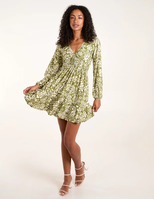 Shirring Elastic Sleeve Tier Mini Dress Casual High-Waist Mini Dress