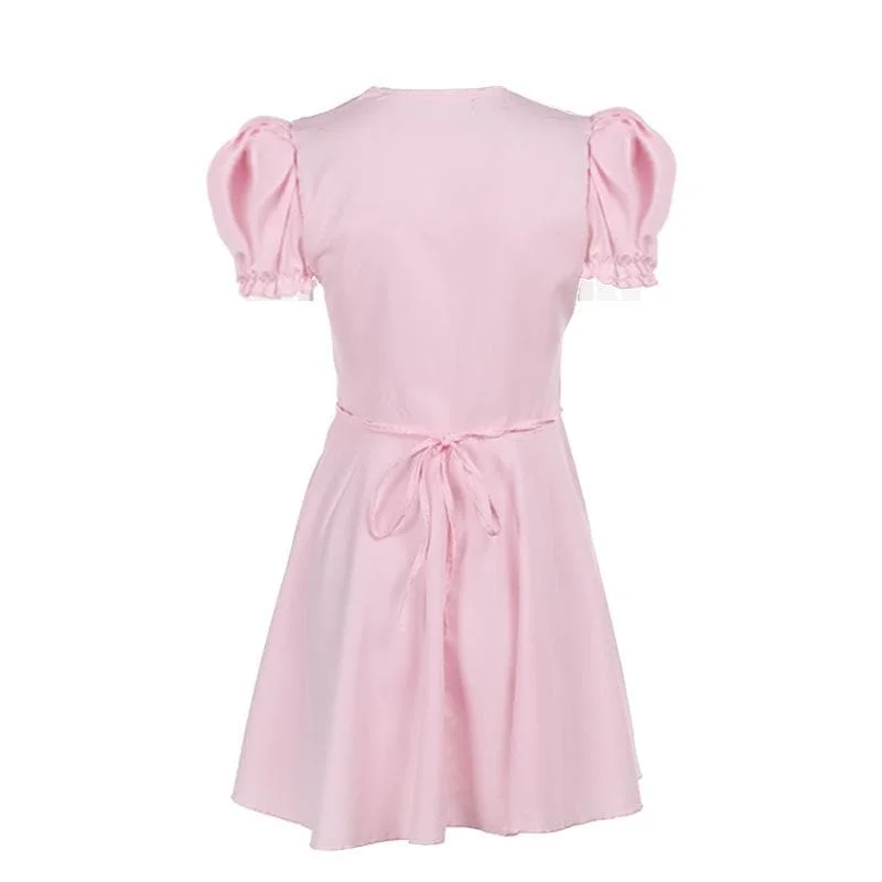 Short puff sleeve ruffle v neck self tie mini dress Chic Puff Sleeve Mini Dress