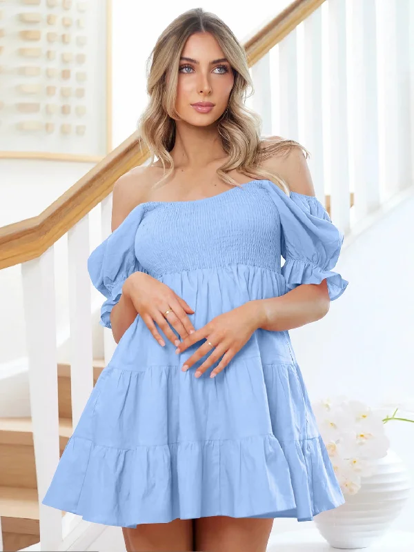 Smocked Flounce Sleeve Mini Dress Cozy Ruched Mini Dress