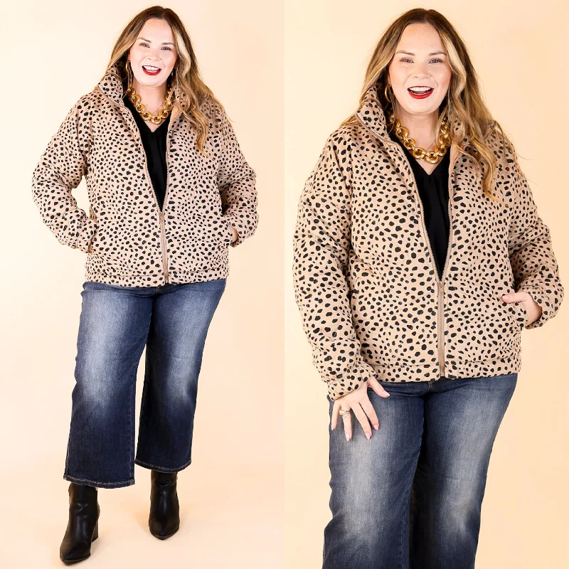 Snowy Sundays Dotted Zip Up Puffer Jacket in Taupe Tailored Jacket Straight Jacket A-Line Jacket