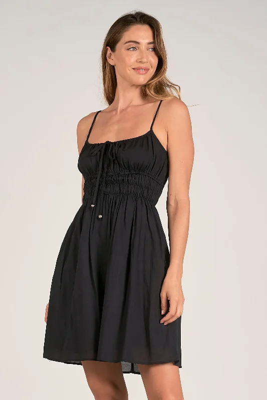 Spaghetti Strap Mini Dress with Smocked Top - Black Trendy Lace Mini Dress