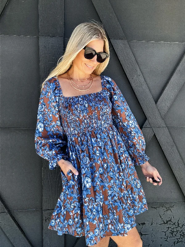 Square Neck Floral Mini Dress In Brown Cozy Sweater Mini Dress