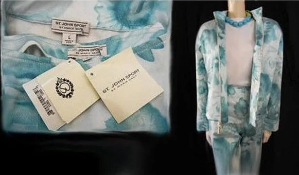 *NEW WITH TAGS - ST. JOHN MARIE GRAY AQUA & WHITE JACKET & SLACKS OUTFIT WITH CHAIN LOGO - NEW WITH TAGS - LARGE Front Pockets Side Pockets Patch Pockets