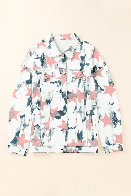 Star Tie-Dye Button Down Denim Jacket Knit Fabric Woven Fabric Fleece Fabric