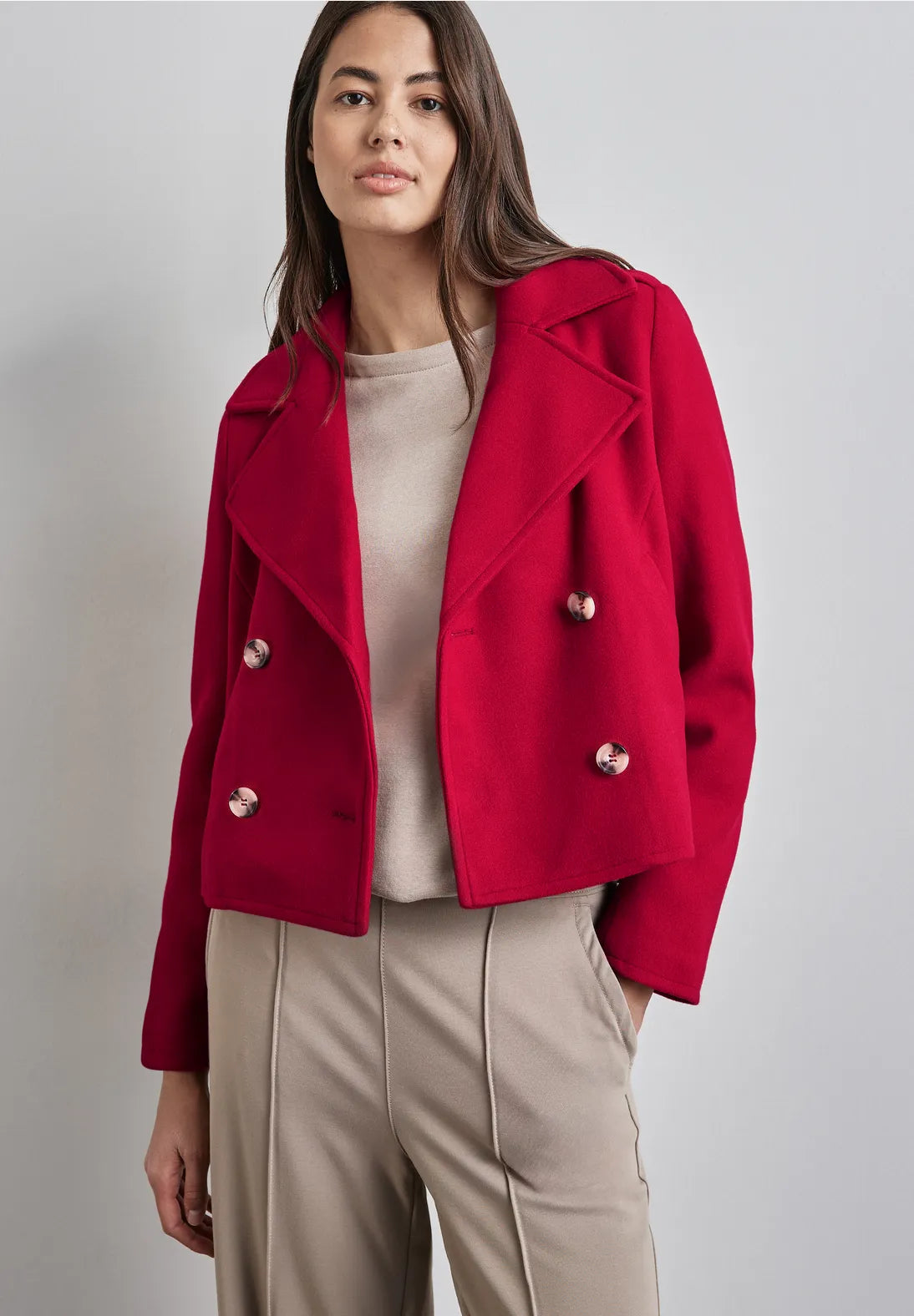 Street One Short military style Jacket. Red Front Pockets Side Pockets Patch Pockets