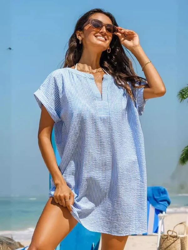 Striped Notched Short Sleeve Mini Dress Elegant Tulle Mini Dress