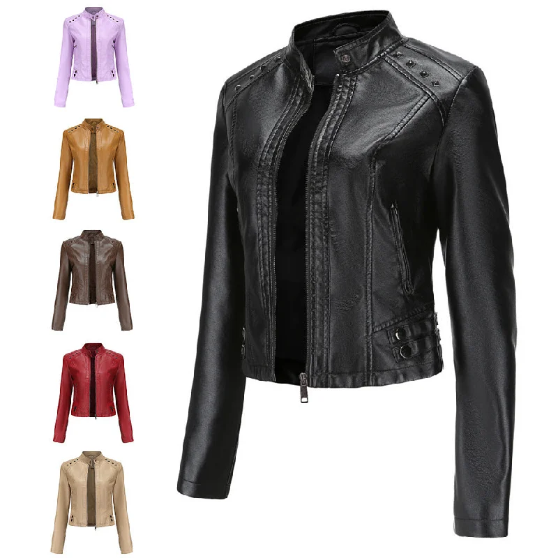 Studded Leather Women Short Jacket Long Sleeves Collared Jacket Crew Neck Jacket Turtle Neck Jacket