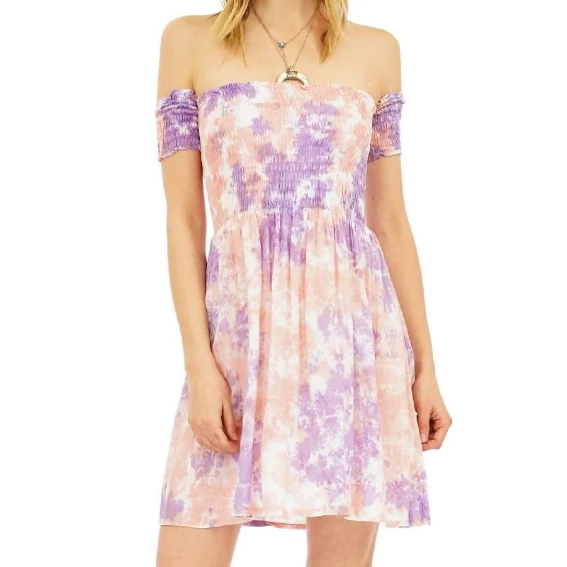 Smocked Mini Dress - Smoke Peach Purple. Trendy Camisole Mini Dress
