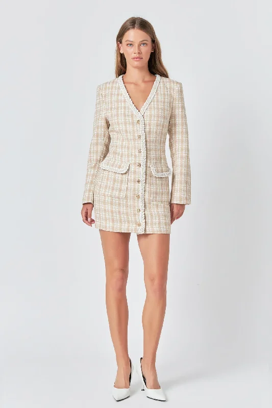 Endless Rose - Premium Long Sleeve Tweed Mini Dress Elegant Satin Lace Mini Dress