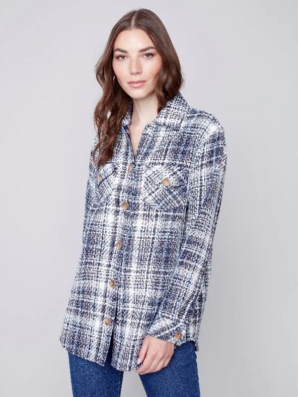 Tweed Shirt Jacket - Navy Faux Fur Fabric Real Fur Fabric Shearling Fabric