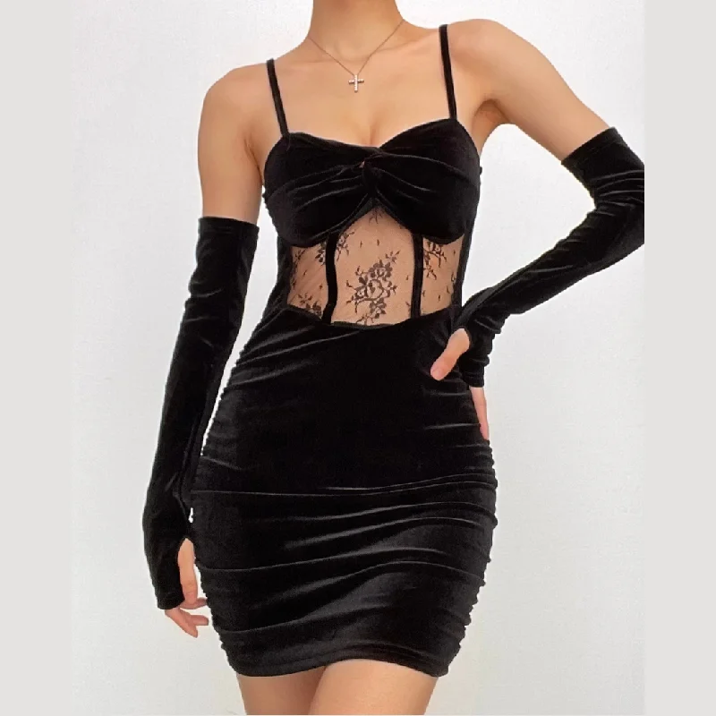 Velvet gloves ruched mesh backless cami mini dress Classic Striped Mini Dress