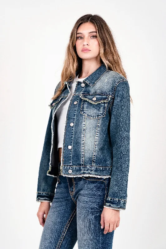 Vintage Medium Blue Wash Basic Denim Jacket Hoodie Zip-Up Jacket Button-Up Jacket