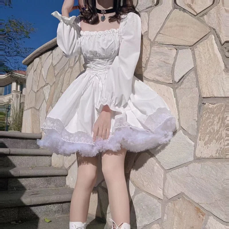 White Lolita Dress Kawaii Vinatge Long Sleeve Mini Dresses Black Gothic Bandage Lace Patchwork Streetwear Square Collar Trendy A-Line Mini Dress