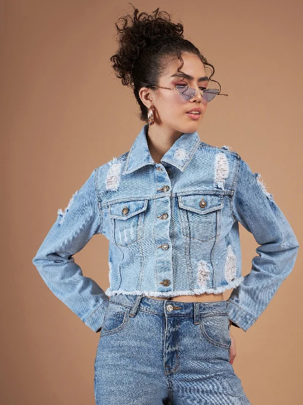 Women Ice Blue Distressed Denim Crop Jacket Rayon Fabric Velvet Fabric Corduroy Fabric