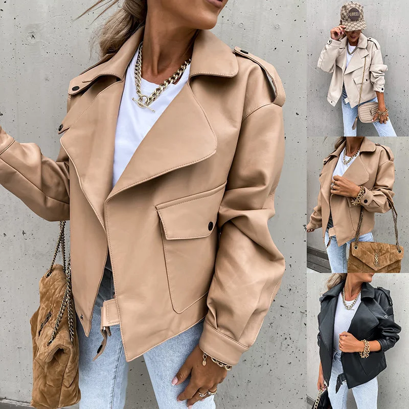 Women PU Leather Top Coat Jacket Loose Anorak Shell Jacket Lightweight Jacket