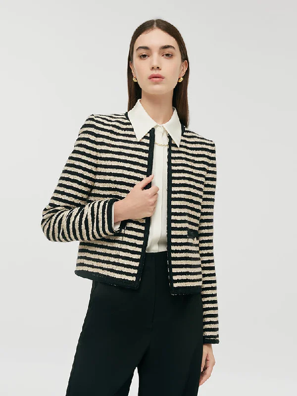 Wool Blend Black And White Stripe Tweed Women Crop Jacket Fleece Jacket Down Jacket Feather Jacket