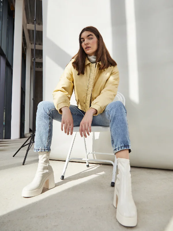 Glamorous Yellow Cropped Faux Leather Jacket Cardigan Sweater Pullover