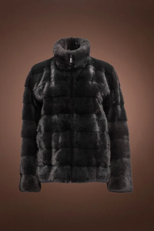 Zip Up Horizontal Slate Mink Fur Jacket Herringbone Jacket Houndstooth Jacket Plaid Jacket