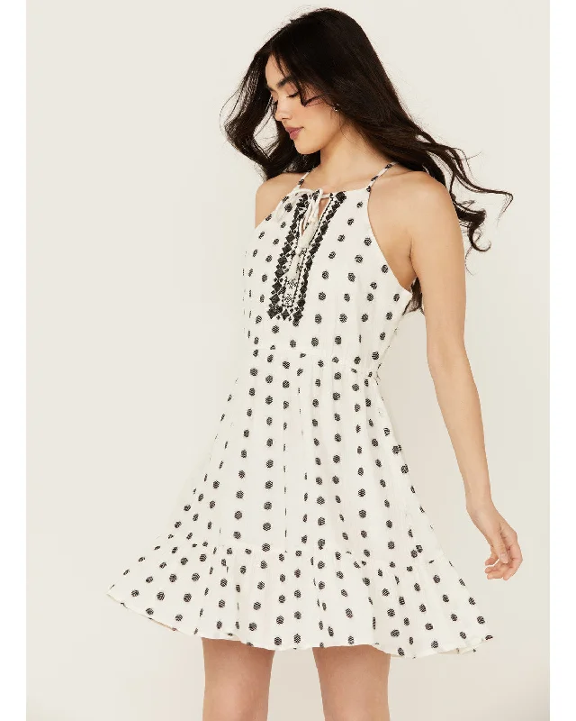 Zelida Embroidered Halter Neck Mini Dress Cozy Satin Mini Dress