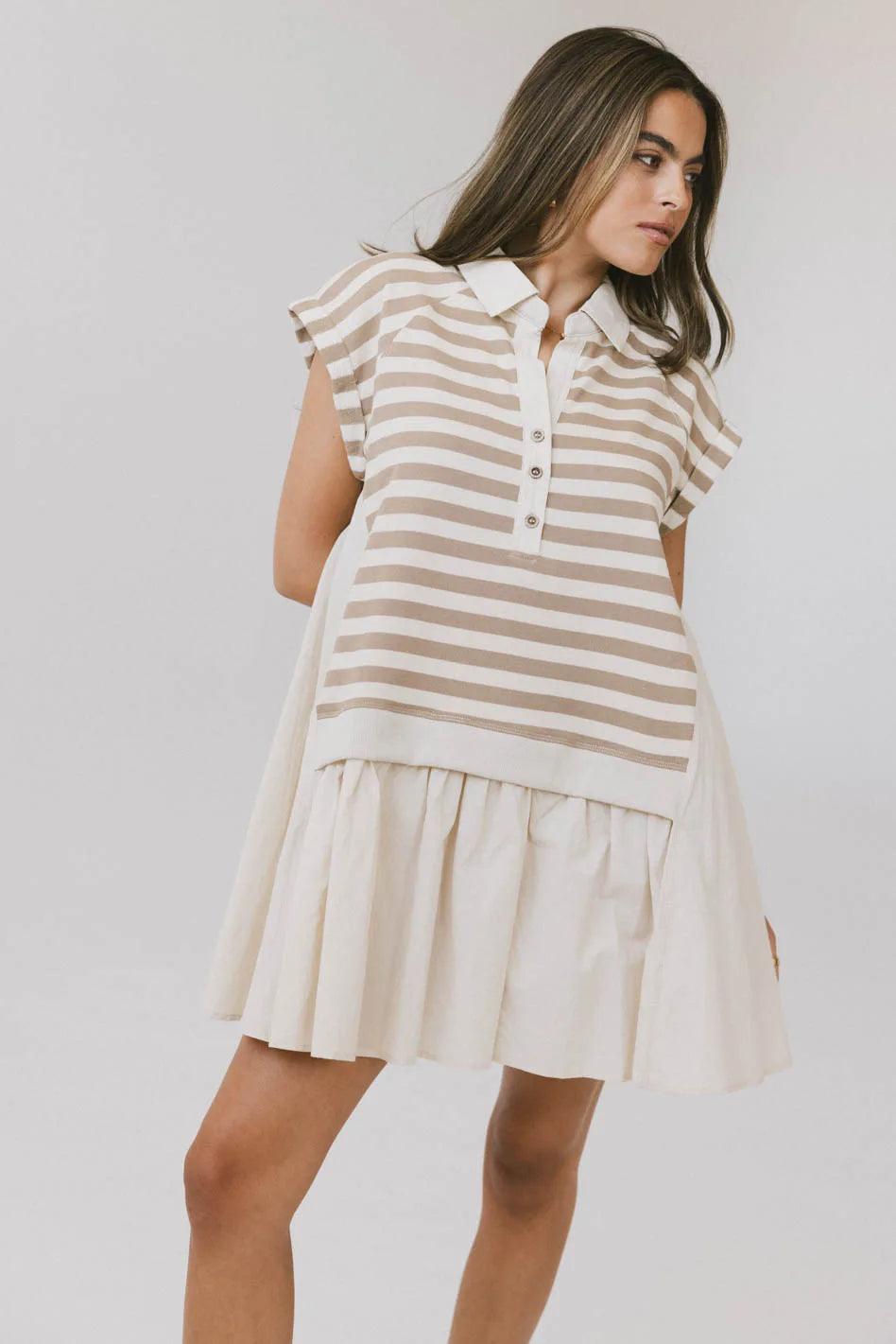 Evan Collared Mini Dress in Taupe Cozy Ruched Mini Dress