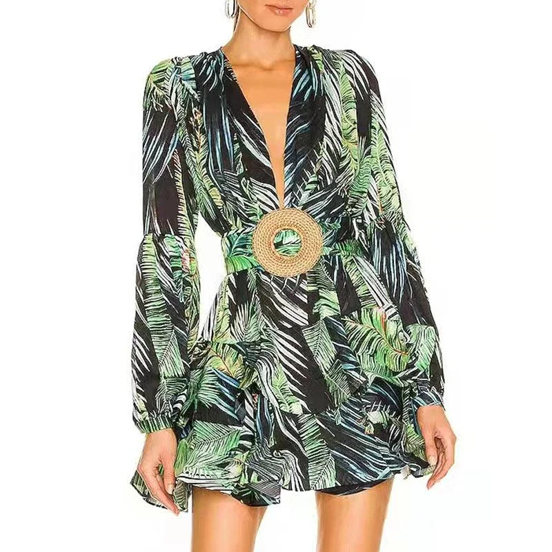 Green  V Neck Chiffon Floral Summer Mini Dress Elegant Velvet Mini Dress