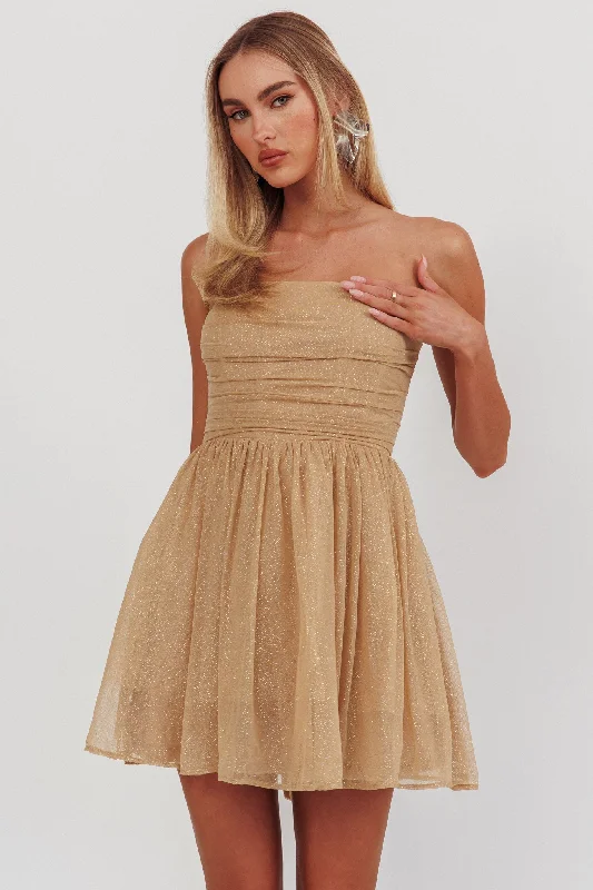 Guilty Pleasure Strapless Glitter Mini Dress Gold Comfortable One-Shoulder Mini Dress