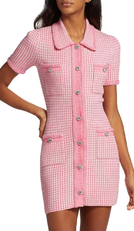 KNITTED BUTTON MINI DRESS IN PINK Fashionable Lace-Trim Mini Dress