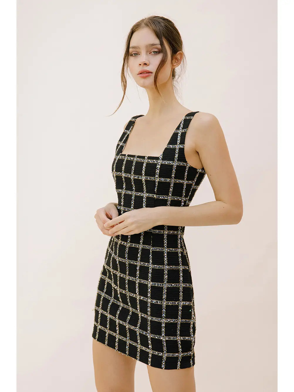 Sequin Checker Mini Dress Trendy Off-Shoulder Dress Mini