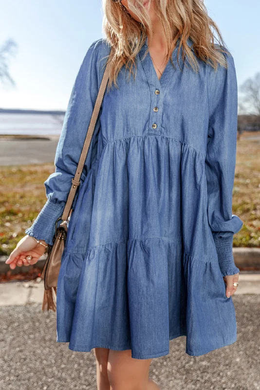 Smocked Cuff Tiered Denim Mini Dress Classic White Mini Dress